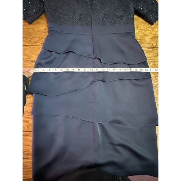 ADRIANNA Papell Blue Lace Dress Side Draped Ruched Sheer 3/4 Sleeve, Size 12 M5 - Picture 13 of 13